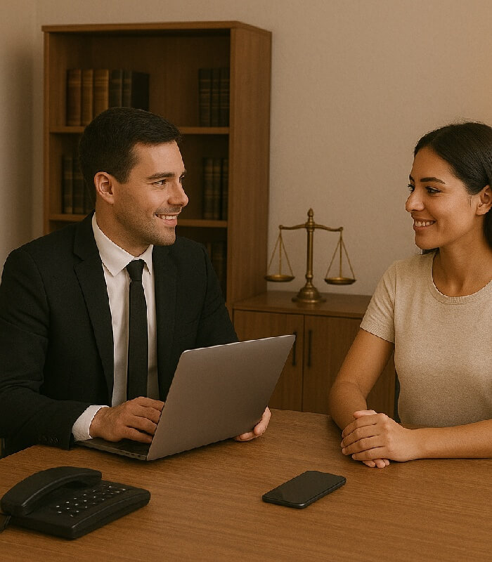 Advogado com uma cliente e a cliente sorrindo agradecendo o compromisso do advogado com o caso dela